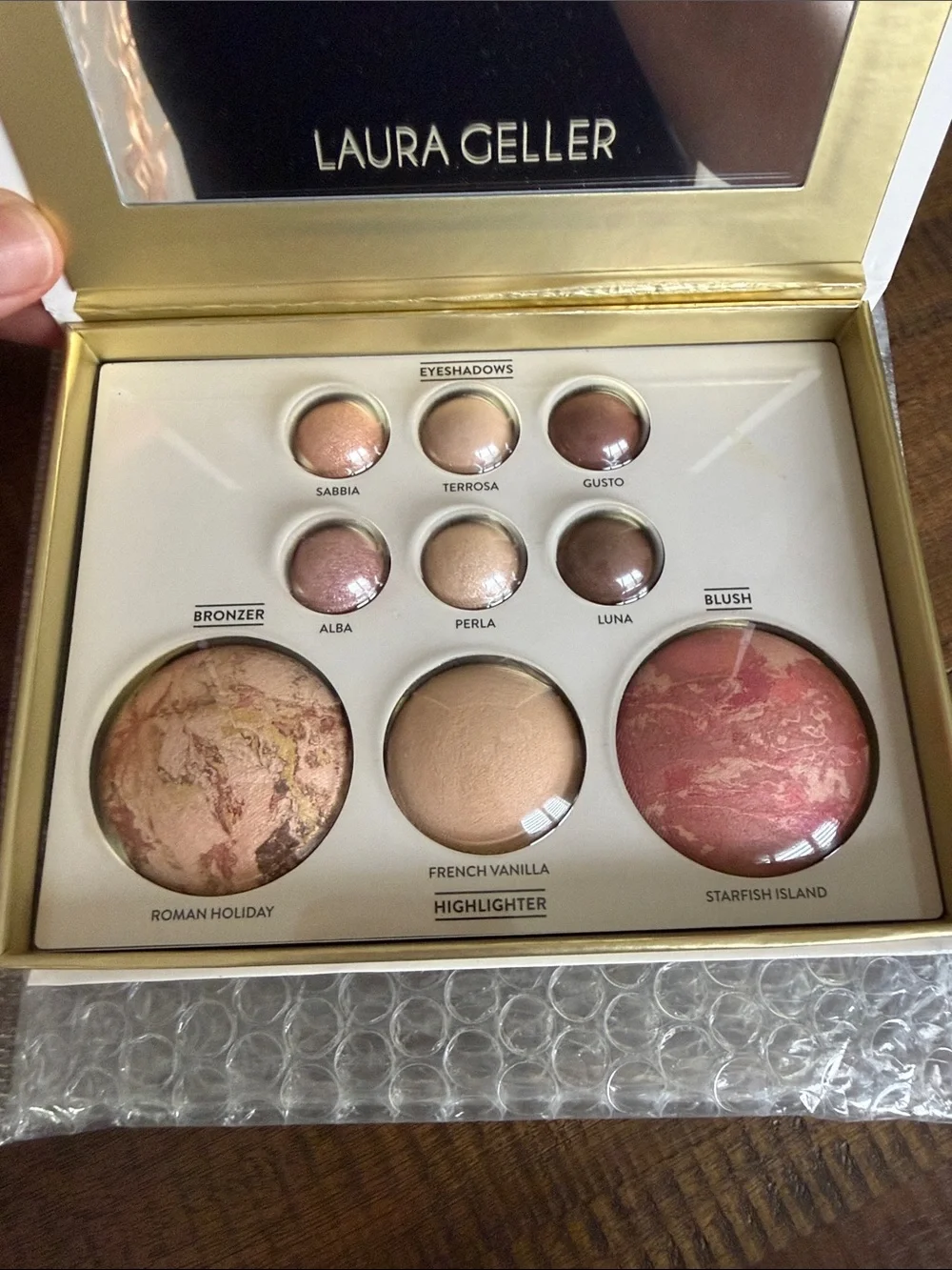Laura Geller Tuscan Dreams Palette + LG foundation in Fair + “gilded honey”